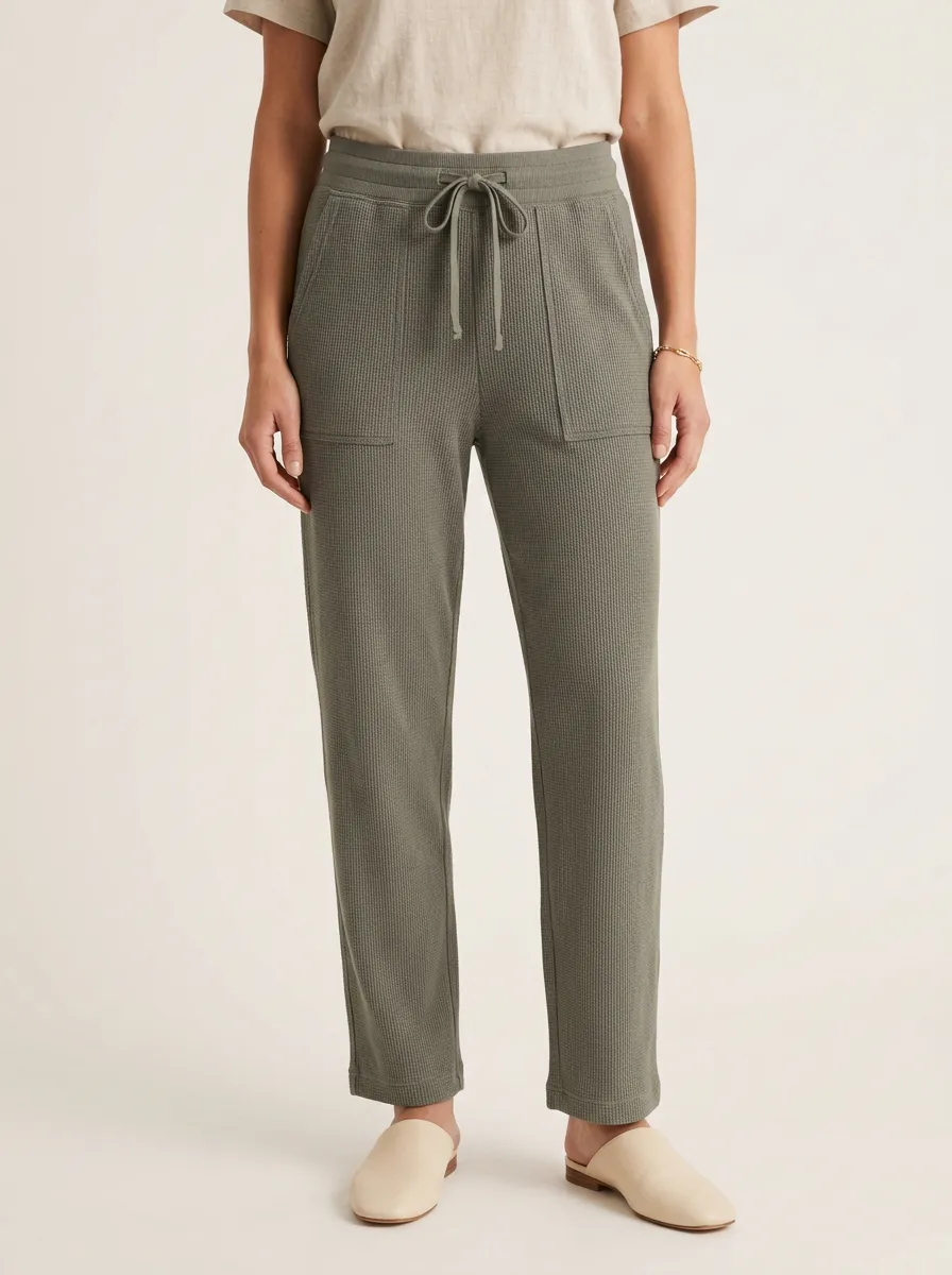 Women's Casual Olive Waffle Knit Drawstring Jogger Pants