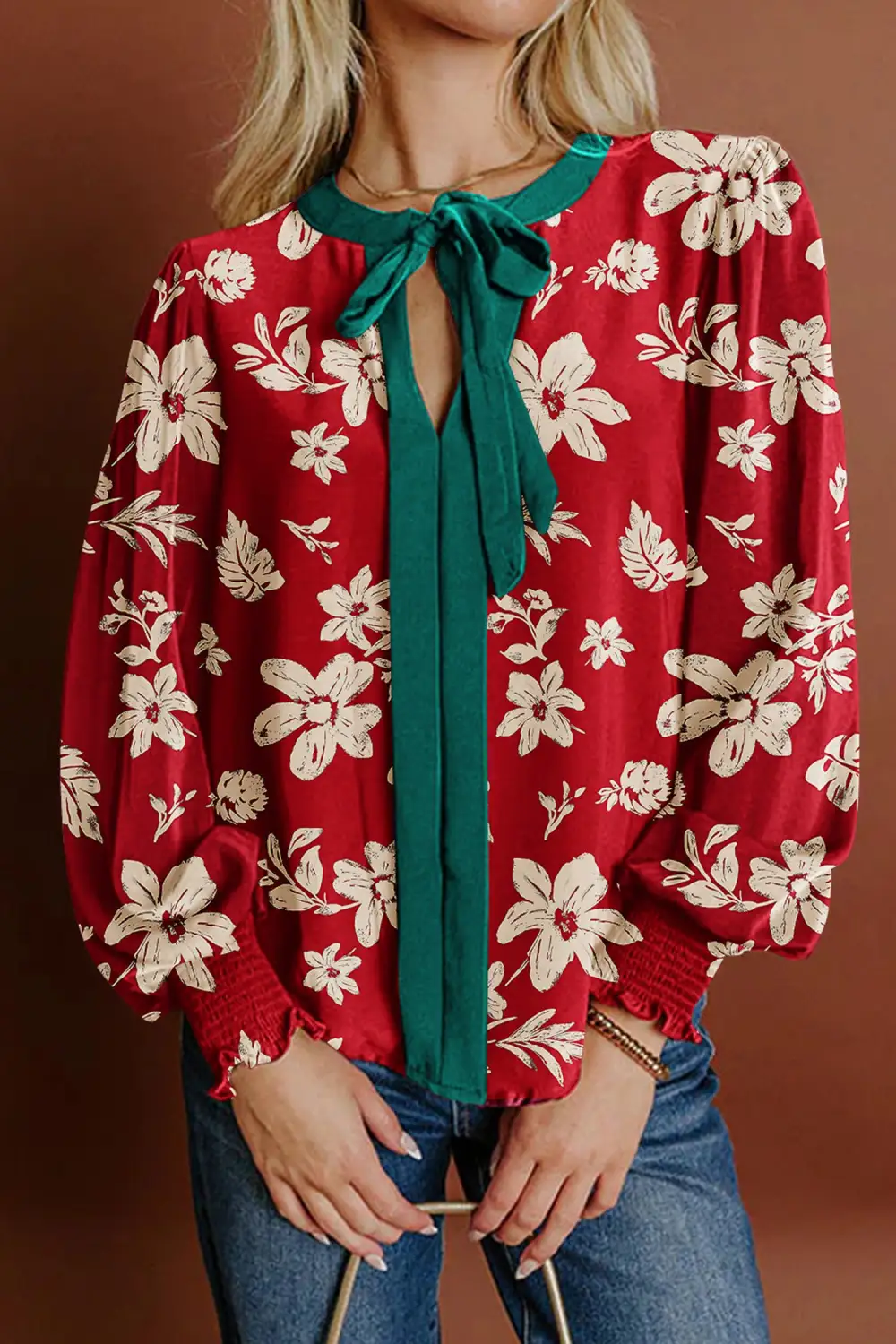 Women's Flower Motif Puff Sleeve Tie Neck Top
