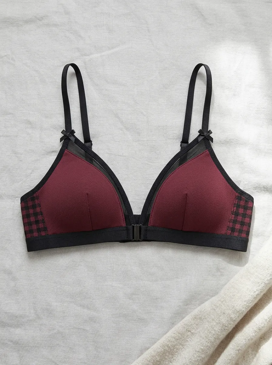 Women's Burgundy Plaid Mesh Front Closure Bralette