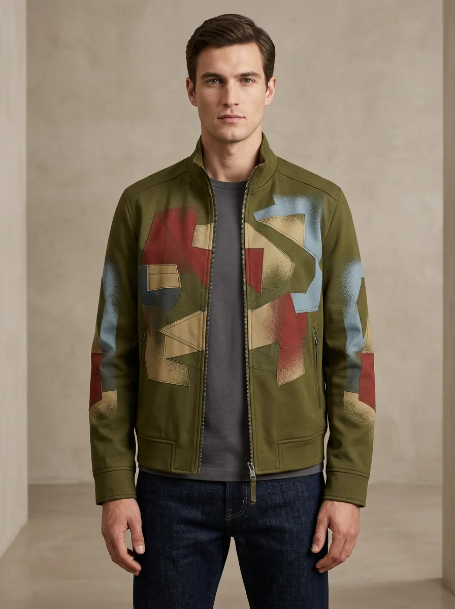Men's Abstract Geometric Pattern Printed Olive Jacket