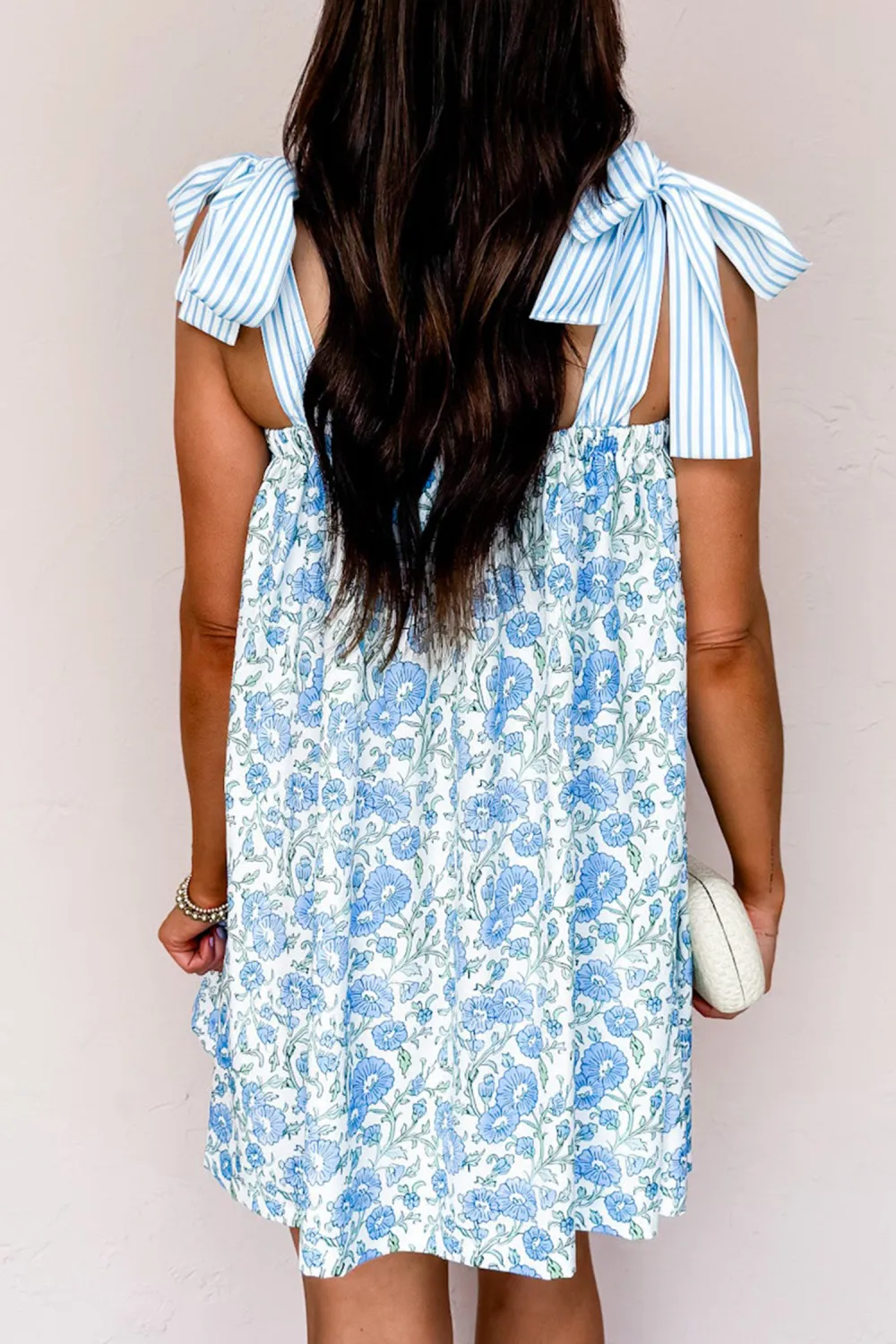 Blue Floral Bow Strap Mini Dress