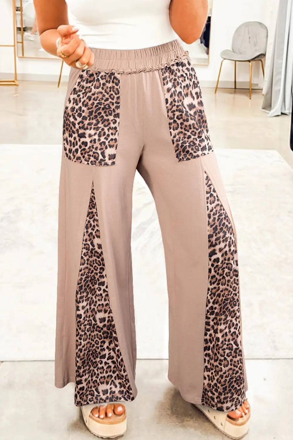 Wash Leopard Patchwork Wide Leg Trousers