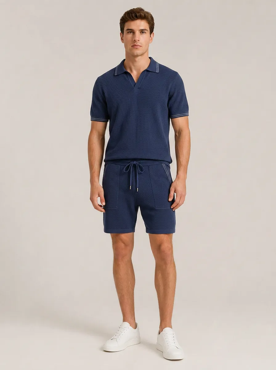 Men's Polo Textured Shirt And Shorts Set