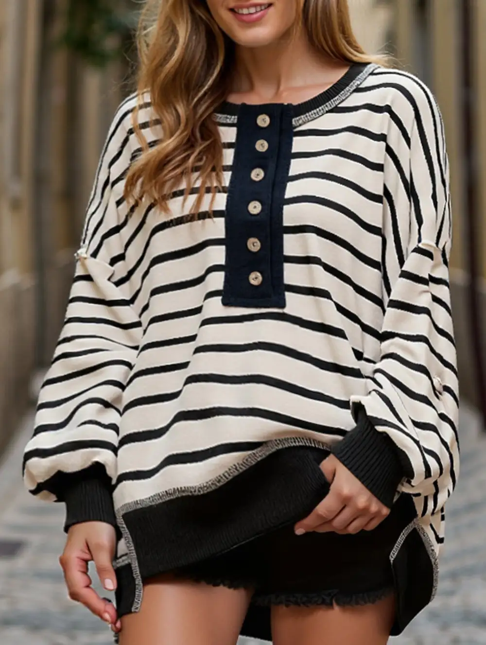 V Neck Striped Panel Top