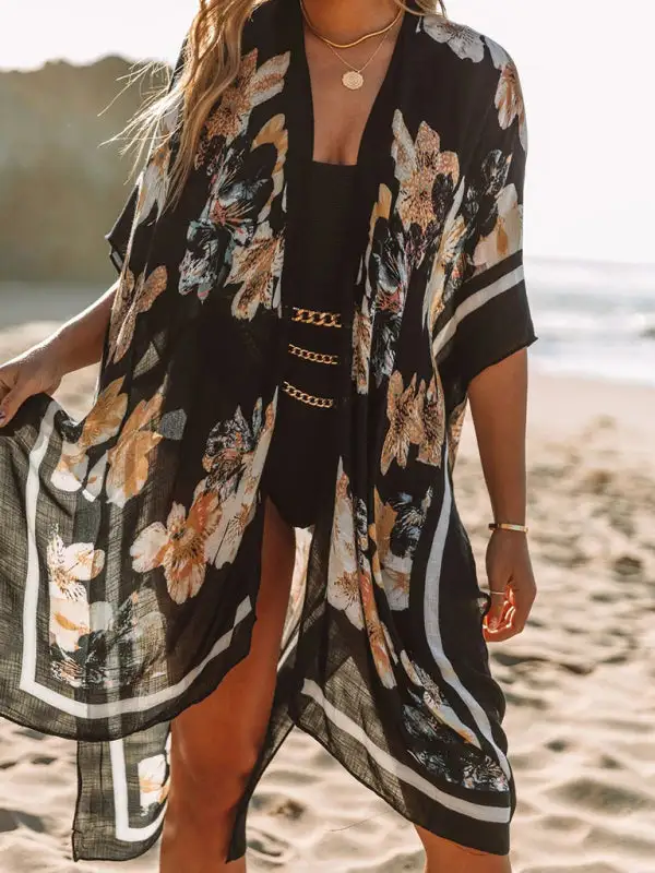 Mid Length Slit Chiffon Printed Sunscreen Swimsuit