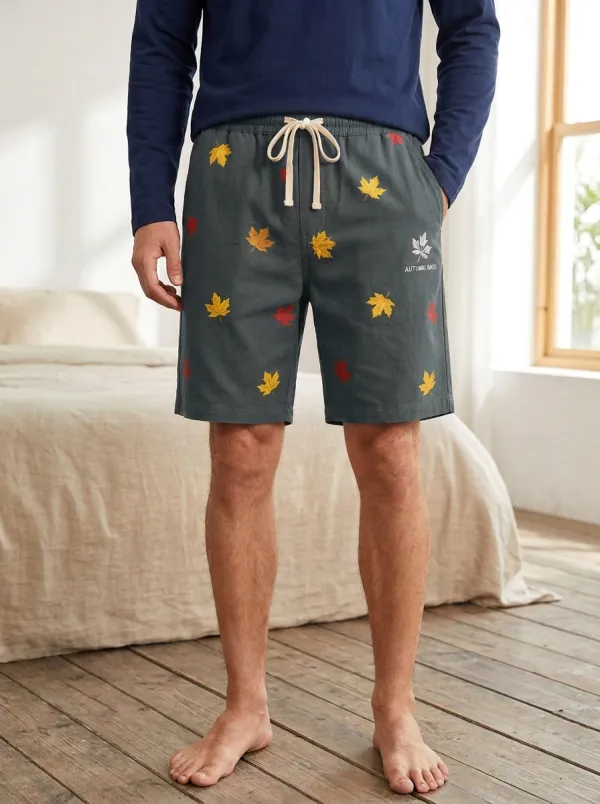 Maple Leaf Print Drawstring Adorned Shorts