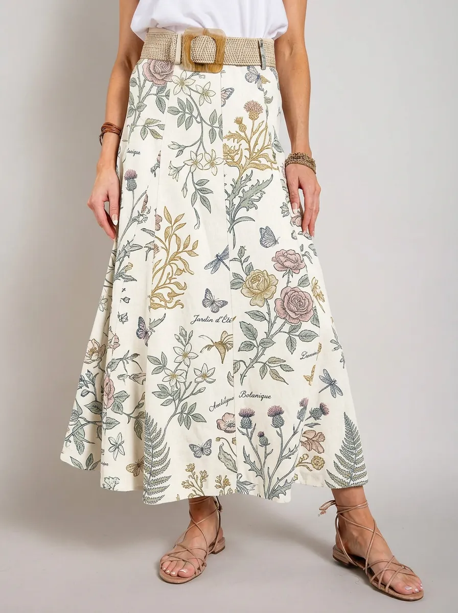 Women's Botanical Garden Floral Butterfly Printed Maxi Skirt