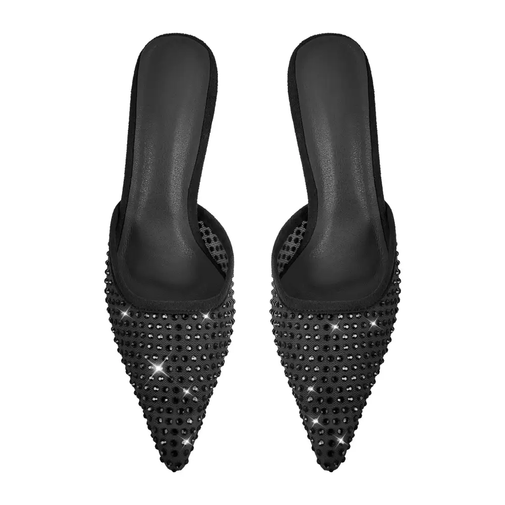 Rhinestone Pointed Toe Stiletto Slip On Heeled Mules