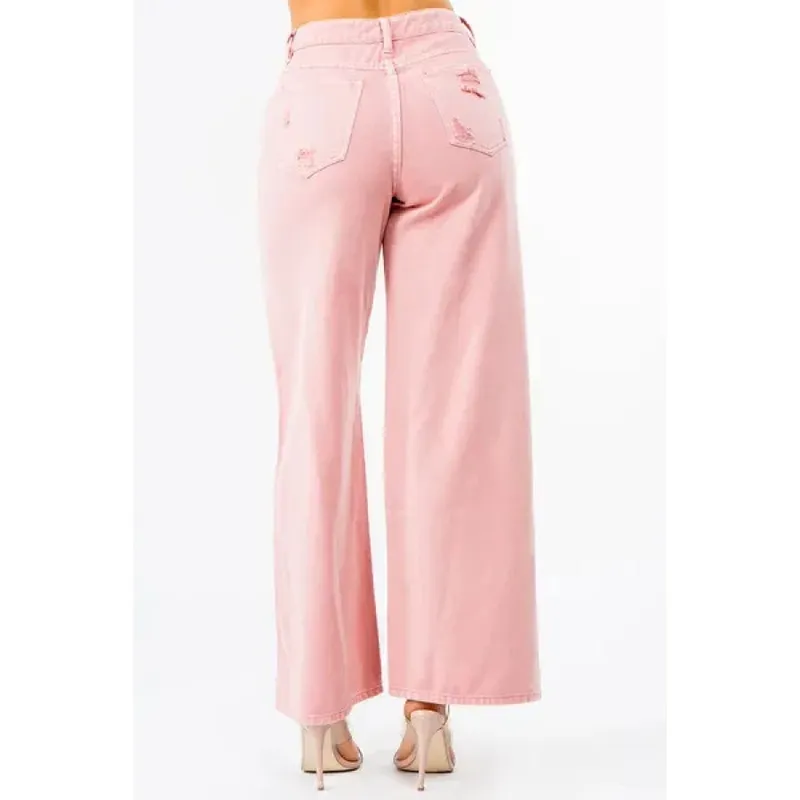 High-Waist Distressed Wide Leg Jeans