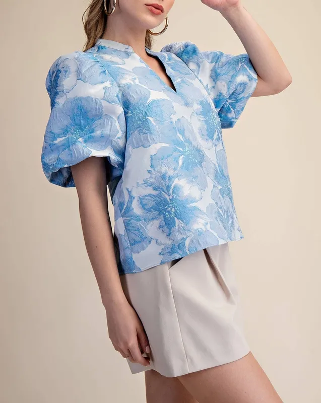 V-Neck Puff Sleeve Jacquard Top