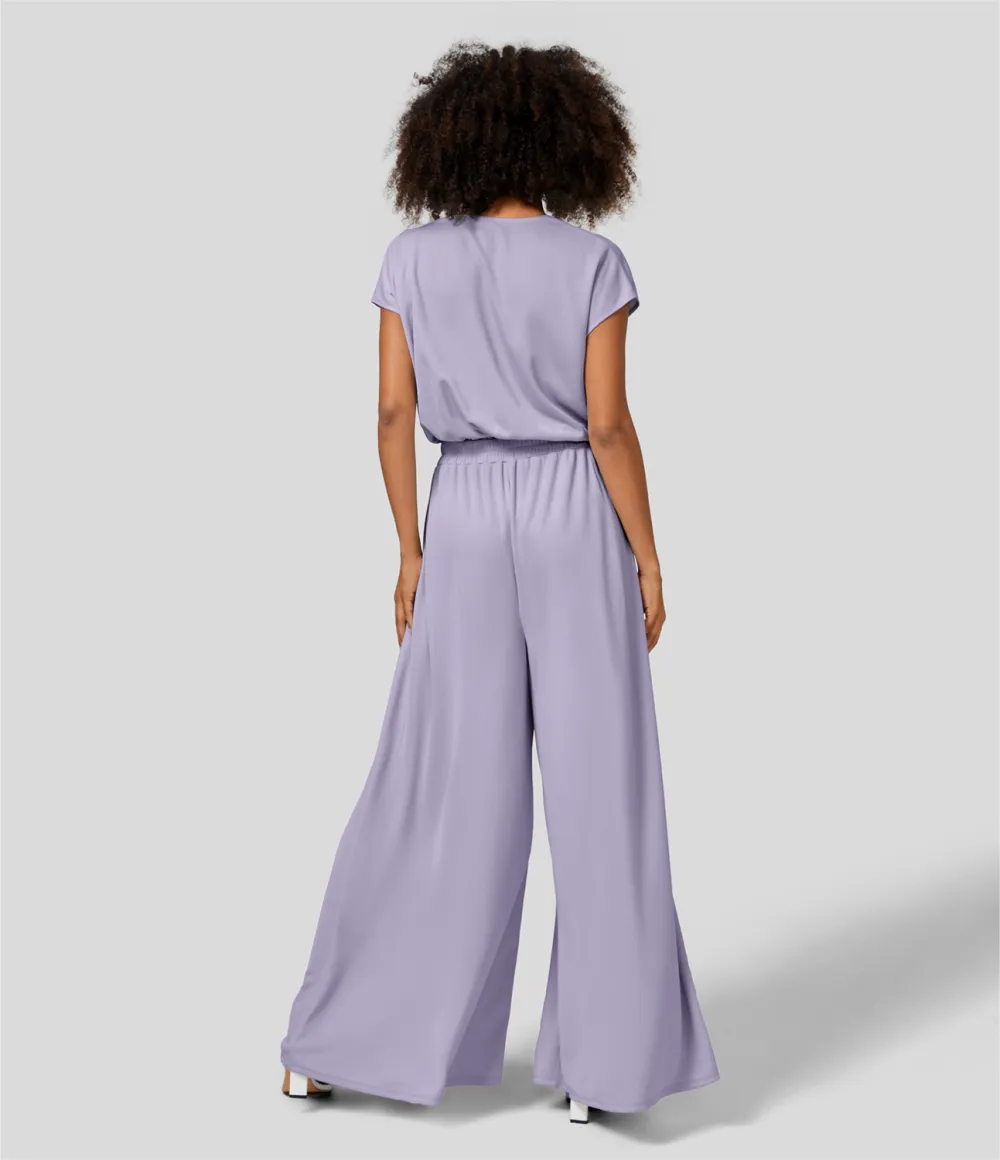 V Neck Short Sleeve Plicated Side Pocket Wide Leg Flowy Waffle Casual Jumpsuit