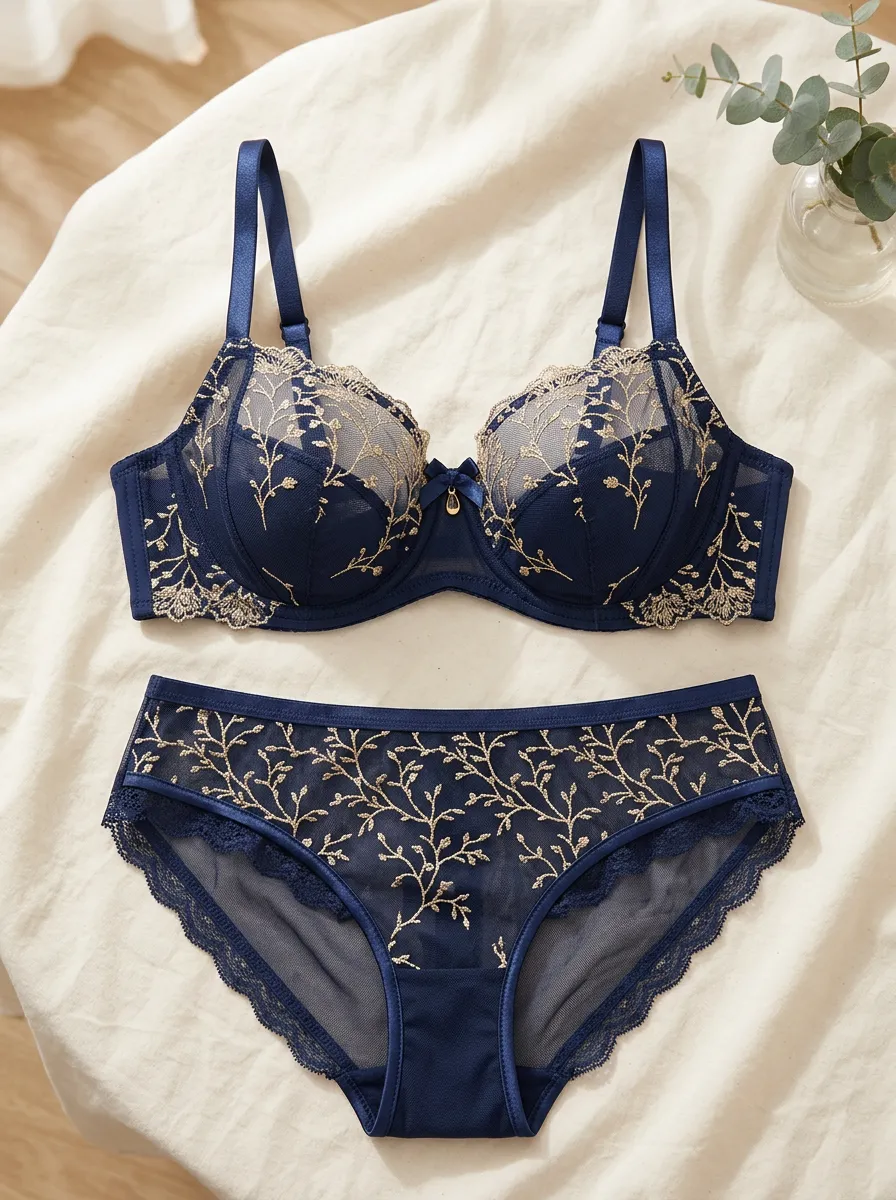 Women's Floral Embroidery Sheer Mesh Lace Lingerie Set