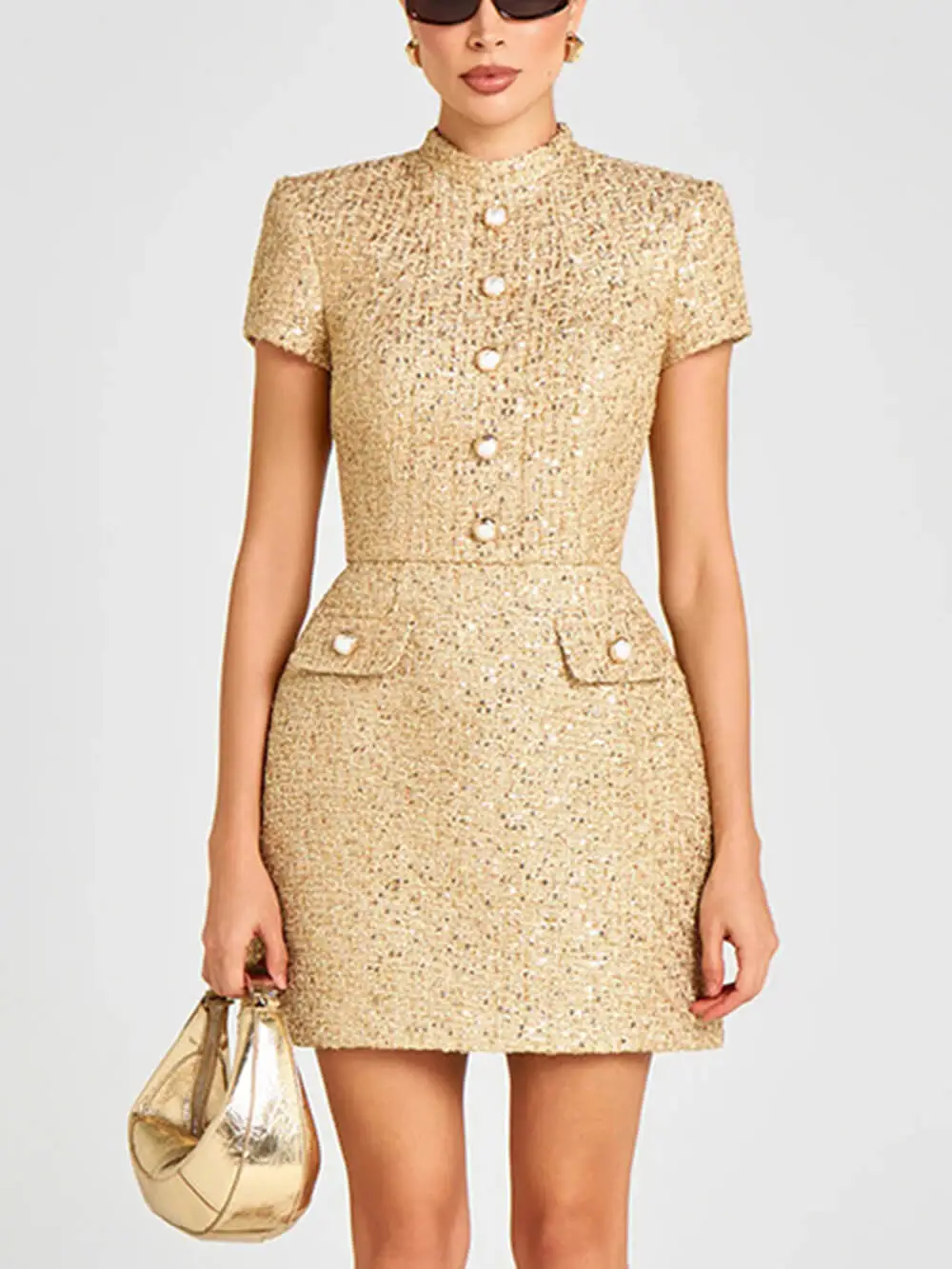 Stand Collar Button Detail Short Mini Dress