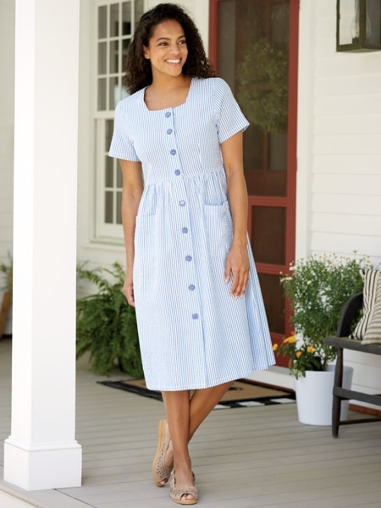 Button-Front Seersucker Dress