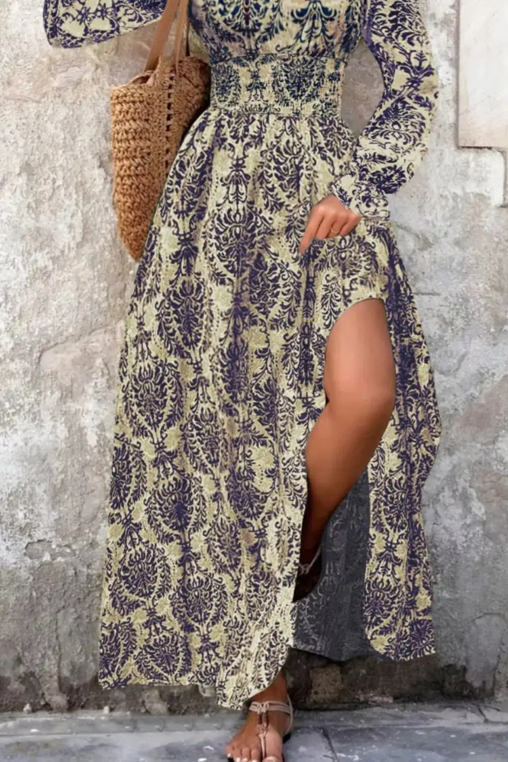 Printed V Neck Long Sleeve Maxi Dress