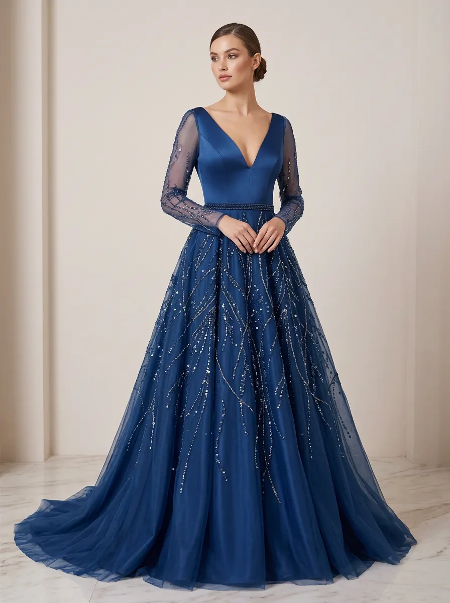 Women's Sequin Beaded Tulle Evening Gown