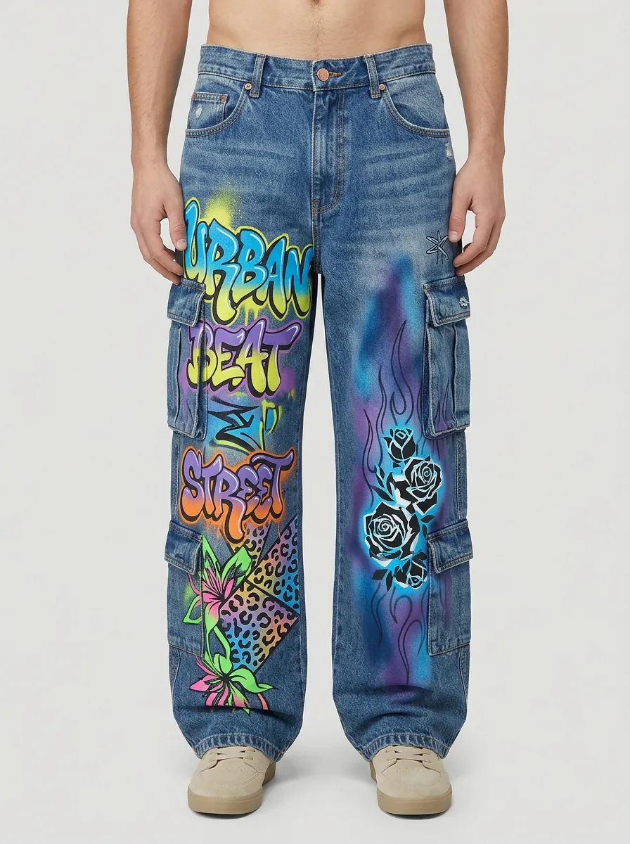Men's Street Style Graffiti Rose Graphic Cargo Jeans