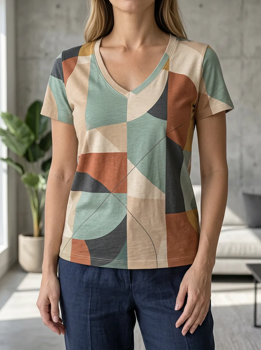 Women's Layered Geometric Abstract Pattern V-Neck T-Shirt