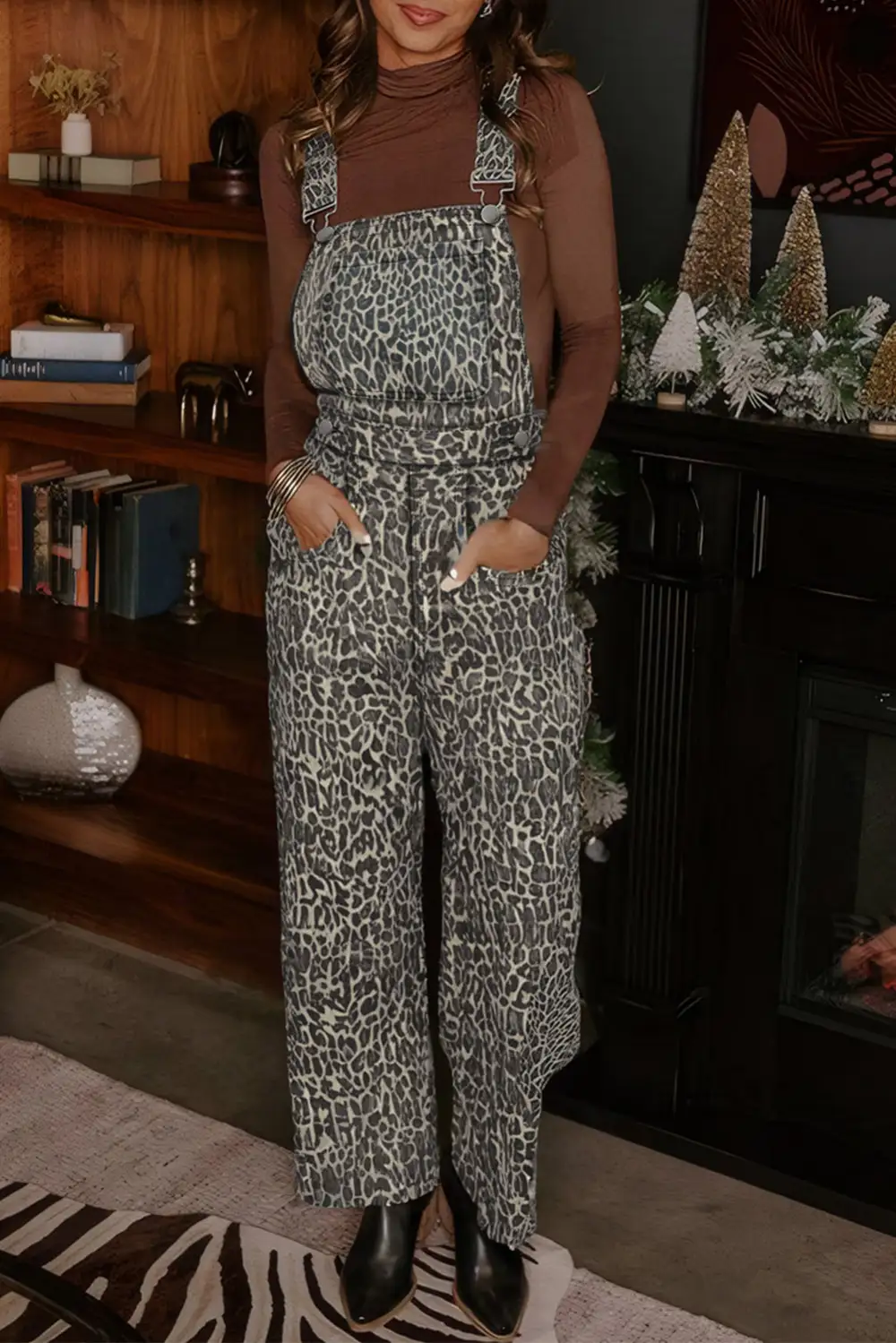 Leopard Print Straight Leg Loose Overall Denim Pants