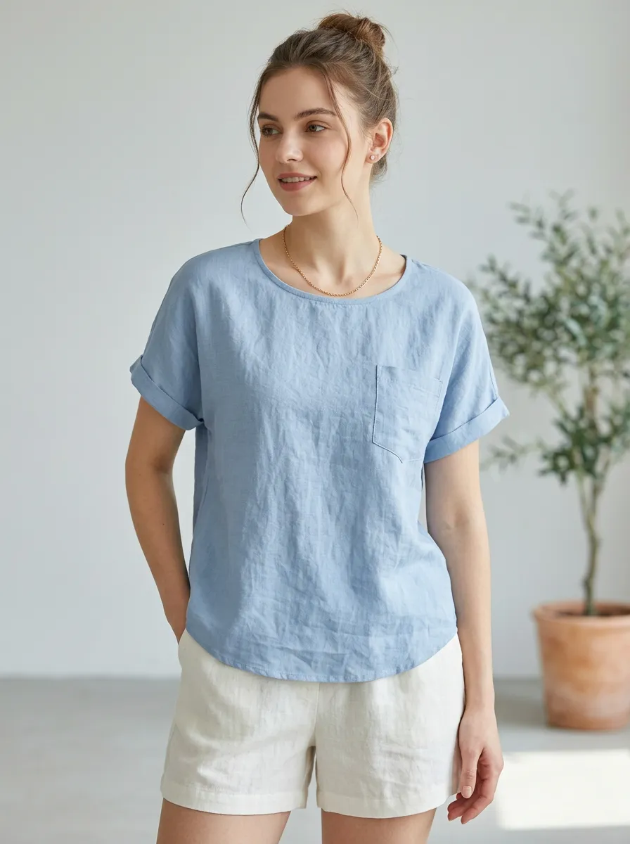Women's Casual Summer Blue Linen Blend Pocket Top