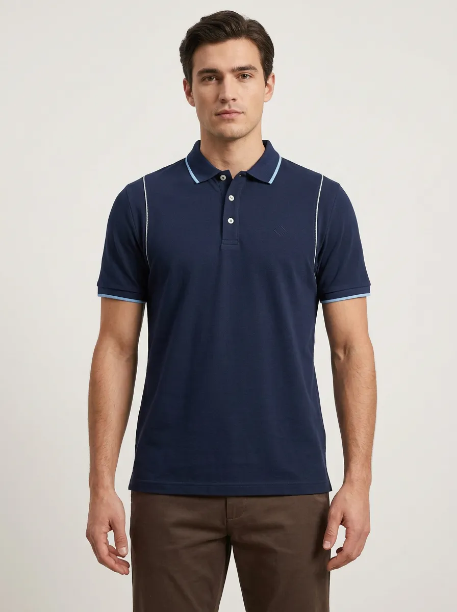 Men's Navy Blue Contrast Trim Tipped Polo Shirt