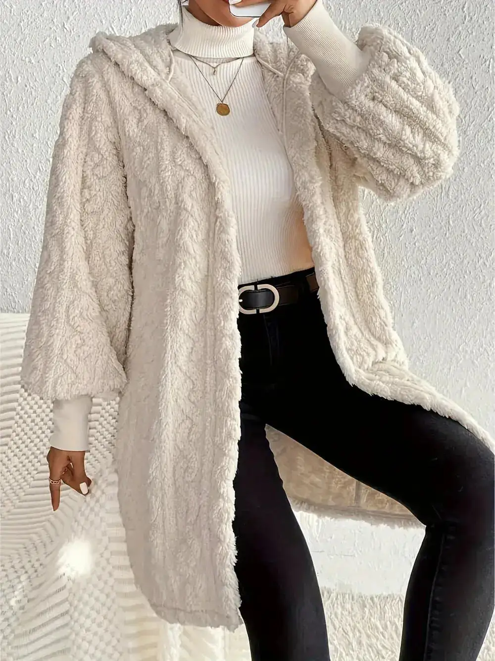 Plush Hooded Open Front Casual Jacket