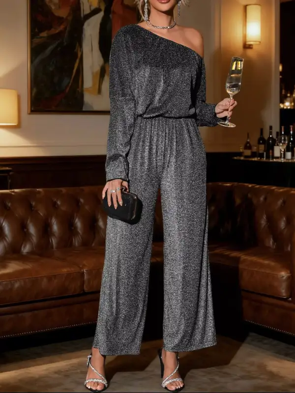 Glitter One Shoulder Long Sleeve Wide Jumpsuit
