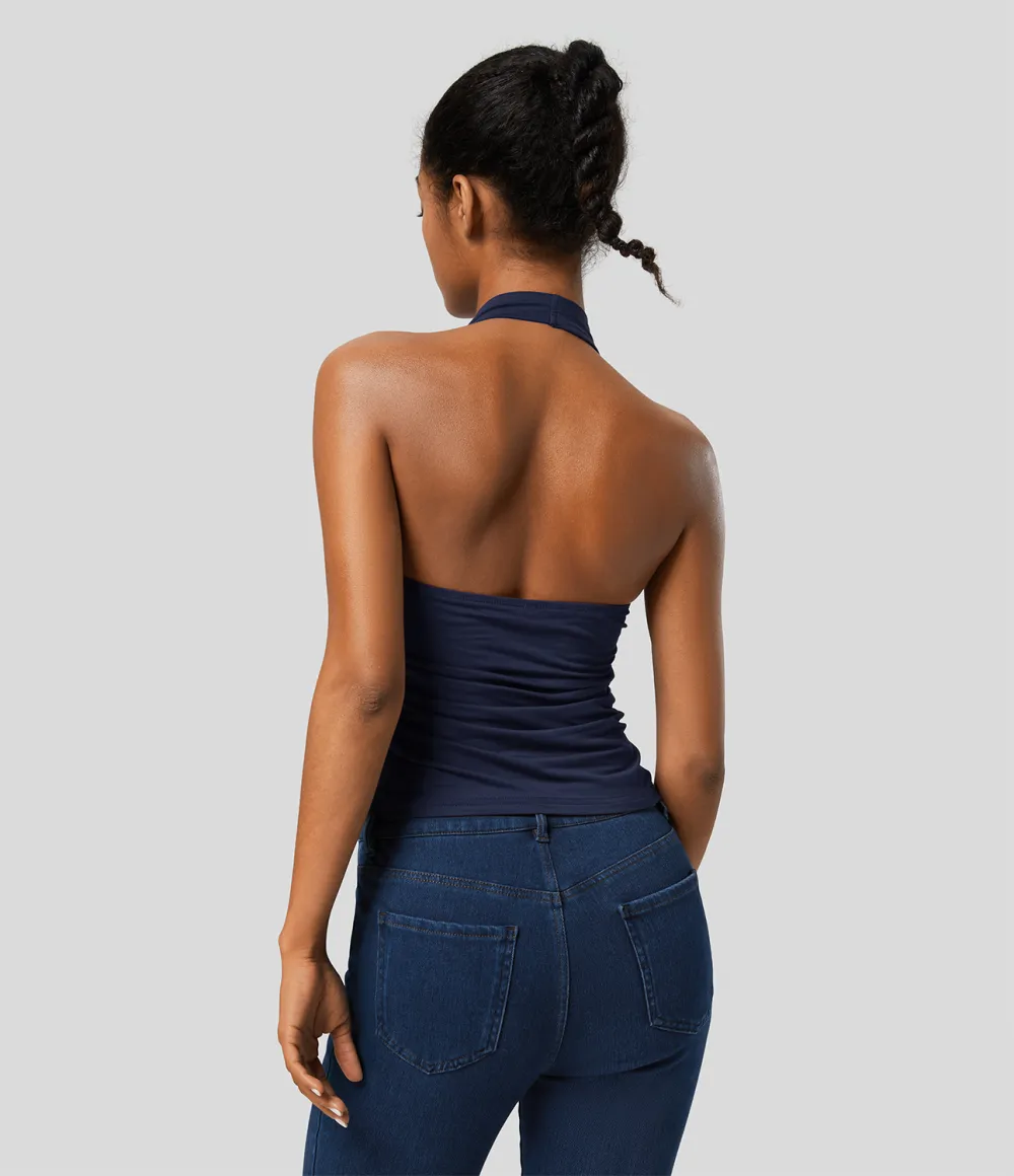 Halter Cowl Neck Backless Ruched Casual Tank Top