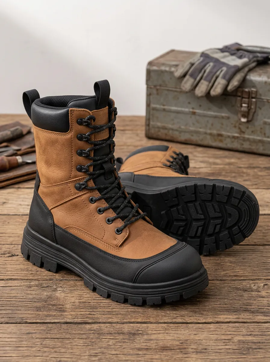 Unisex Waterproof Brown Leather Rubber Sole Work Boots