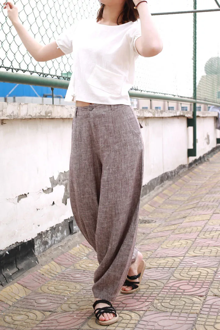 Classic Linen Cotton Tapered Cropped Pocketed Trousers