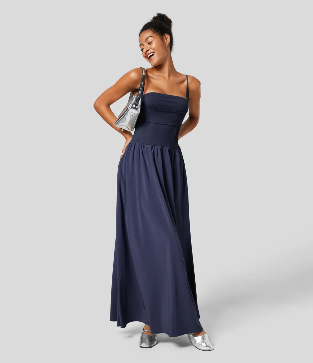 Breezeful Backless Side Pocket Plicated Flowy Flare Maxi Quick Dry Casual Slip Dress