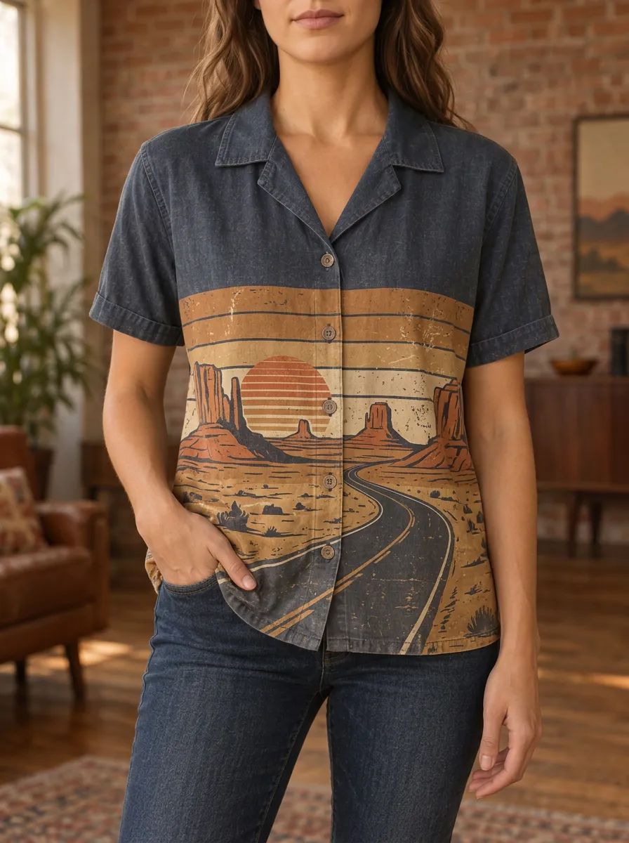 Women's Artful Western Desert Road Sunset Shirt