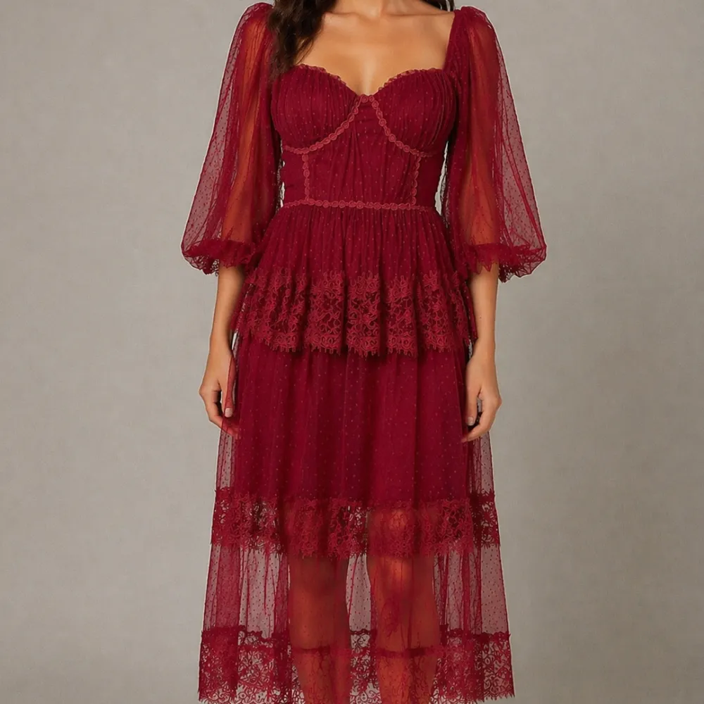 Floral Lace Detail Mesh Detail Smocked Dress