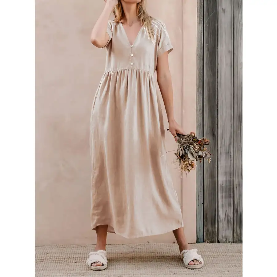 Sleeve V-Neck Short Sleeve Midi Dress