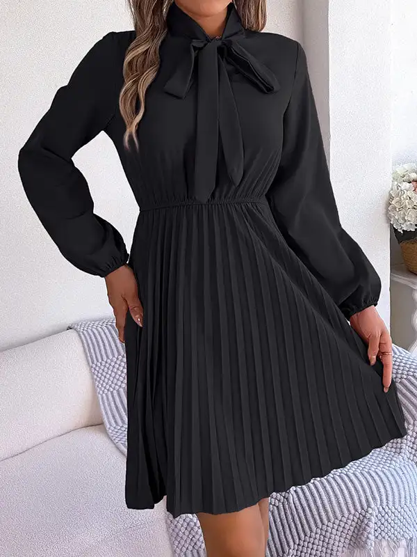 Long Sleeve Relaxed Pleated Solid Color Tied Mock Neck Mini Dress