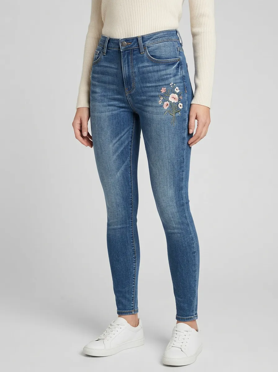 Women's Floral Pink Flower Embroidered Graphic Slim Jeans