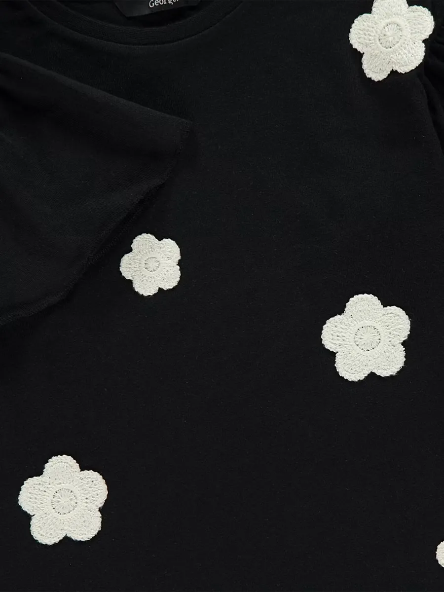 Black Crochet Flower T Shirt