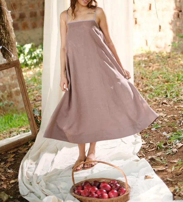 Taupe Linen Flowy Maxi Dress