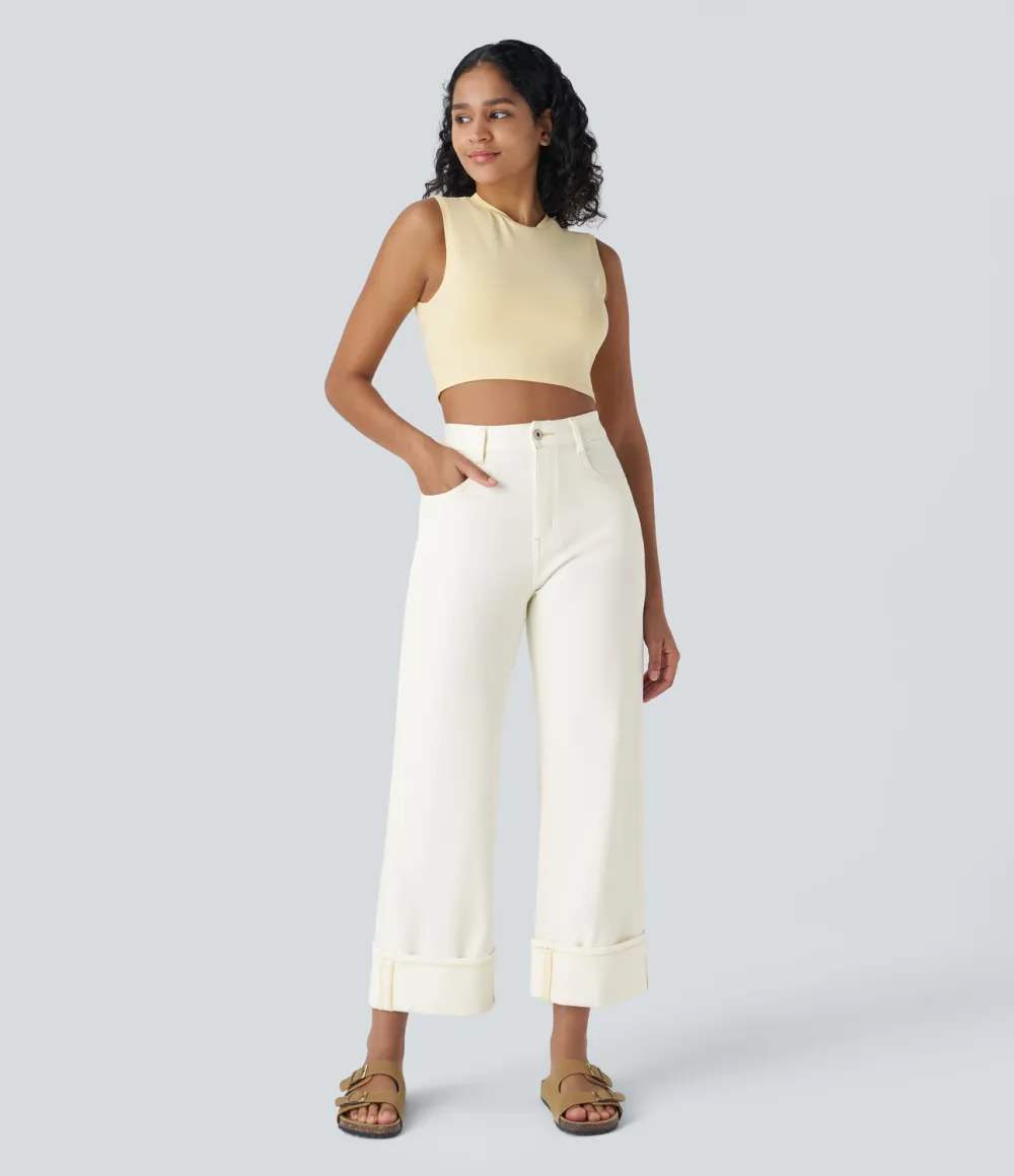 Magic High Waisted Multiple Pockets Rolled Hem Wide Leg Washed Stretchy Knit Casual Jeans