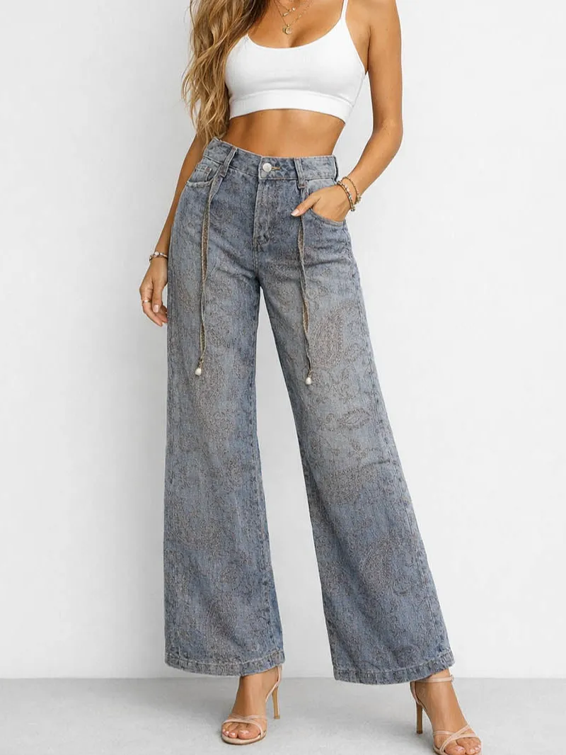 Paisley Jacquard Wide Leg Denim Pants