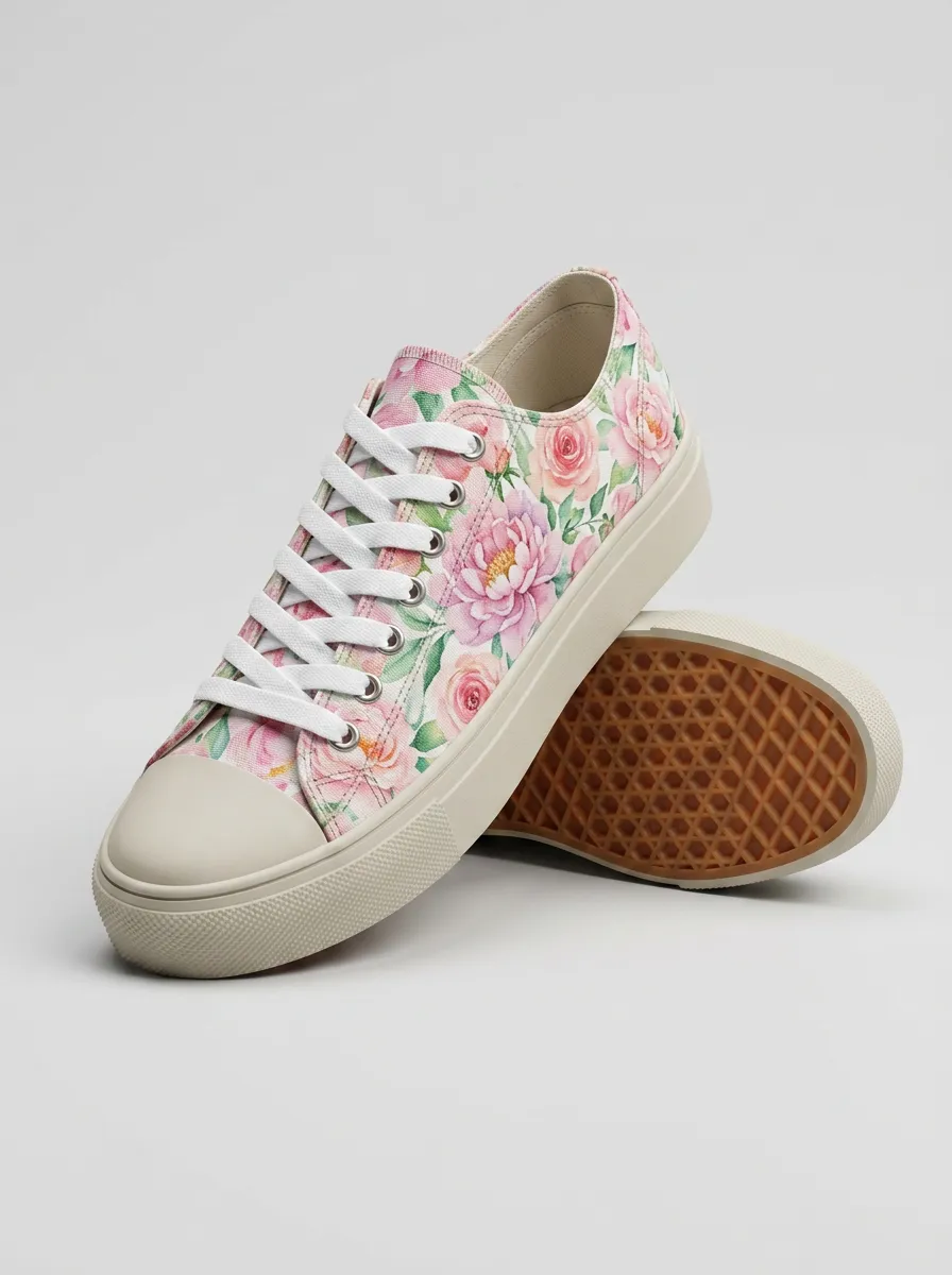 Women's Floral Lover Pink Rose Peony Printed Canvas Shoes