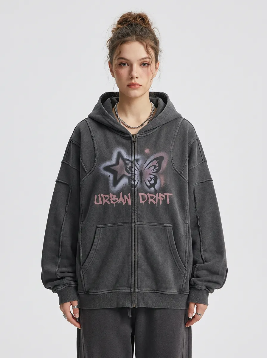 Women's Streetwear Urban Drift Butterfly Star Printed Zip-up Hoodie