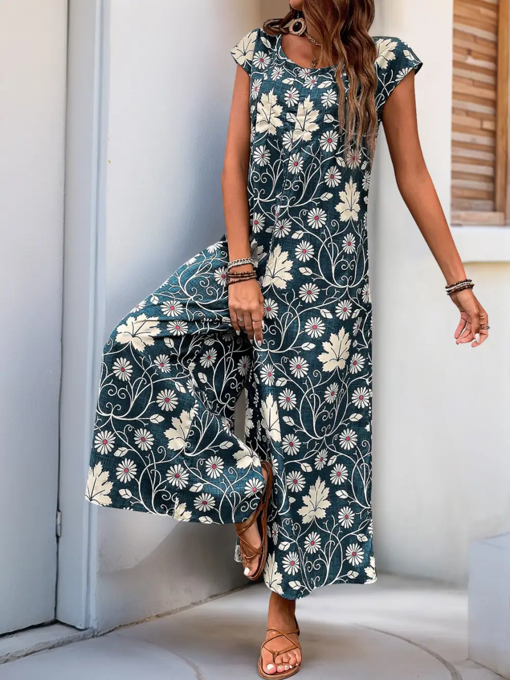 Round Neck Cap Sleeve Wide Leg Jumpsuit