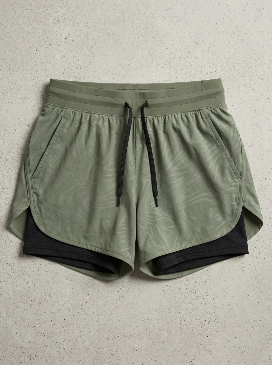 Women's Athletic Fitness Olive Marble Printed Double Layer Shorts