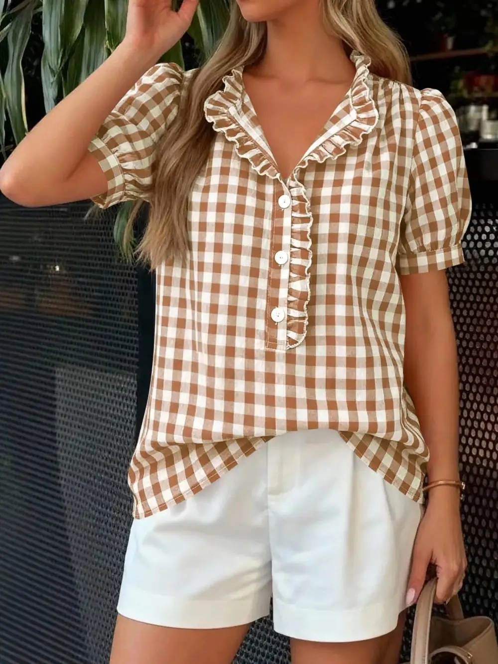 Gingham Button-Front Puff Sleeve Blouse