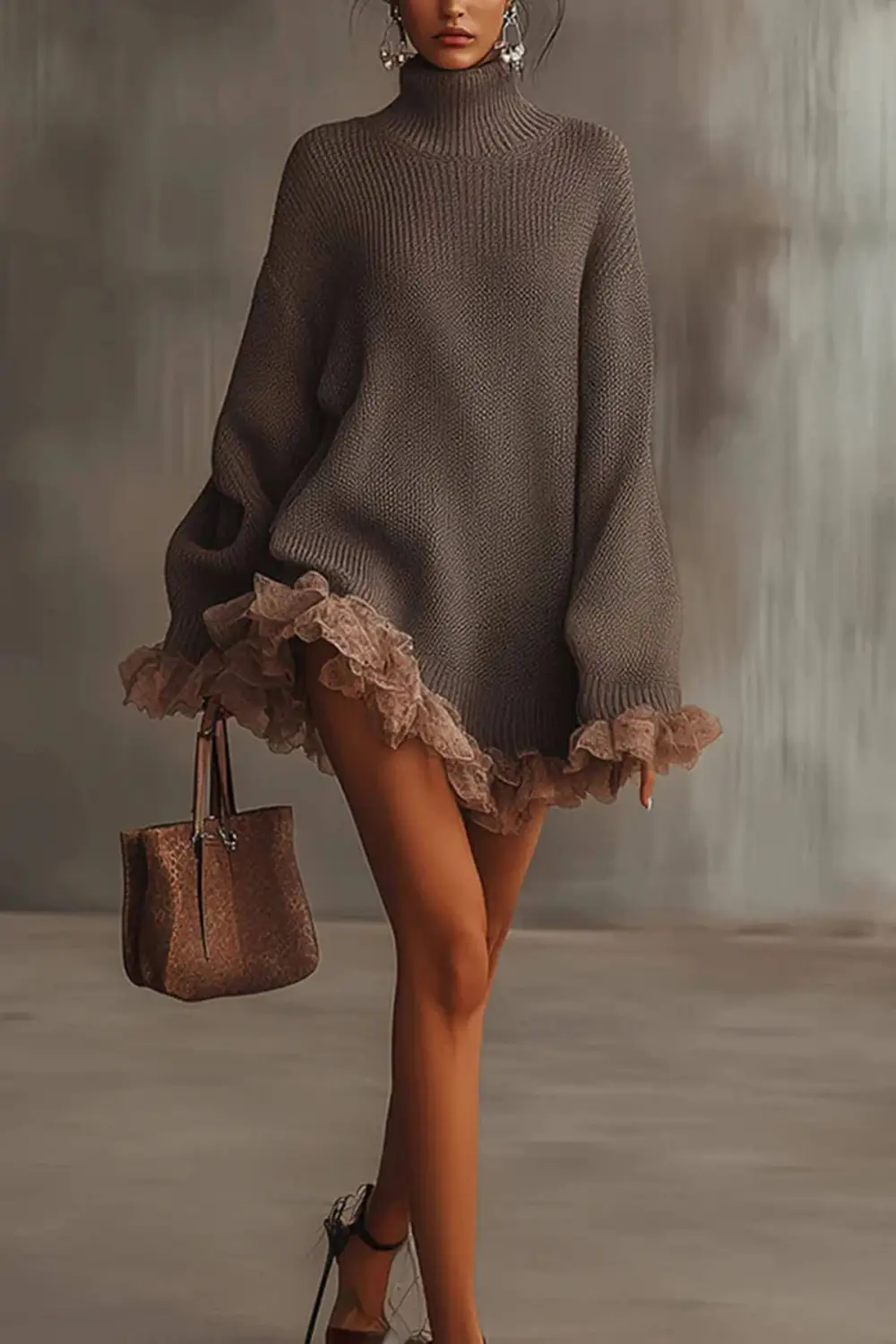Turtleneck Long Sleeved Loose Ruffle Mini Dress
