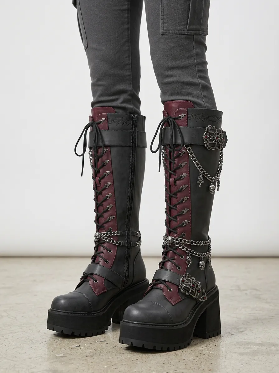 Darkwear Skull Rose Chain Alternative Look Women's Gothic Platform Boots