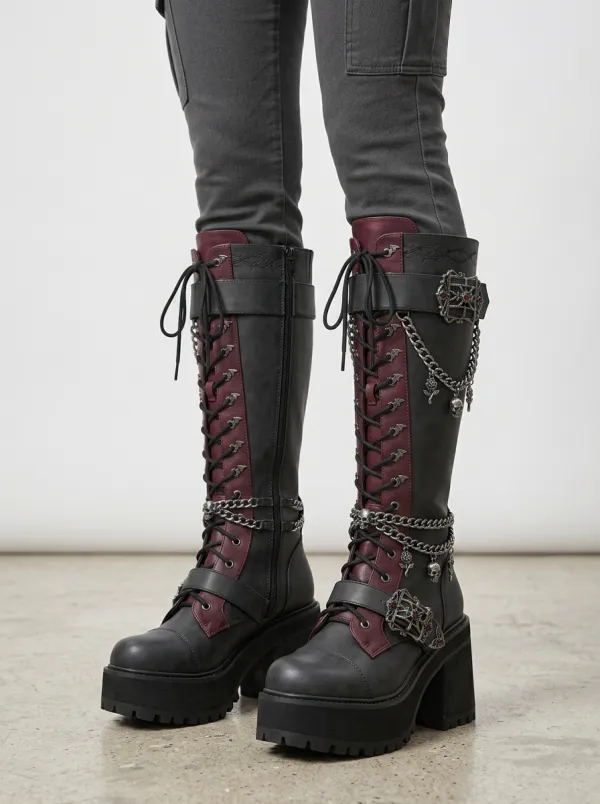 Darkwear Skull Rose Chain Alternative Look Women's Gothic Platform Boots