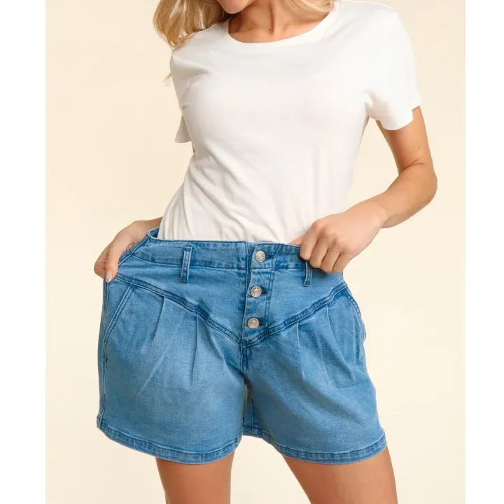 Haptics High Rise Button Fly Washed Denim Shorts
