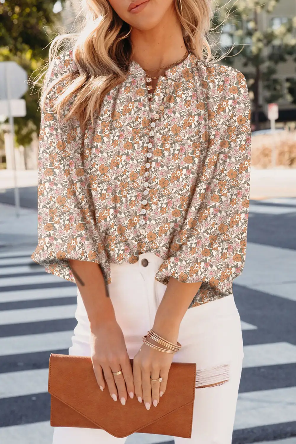 Orange Bohemian Floral Puff Sleeve Full Button Shirt